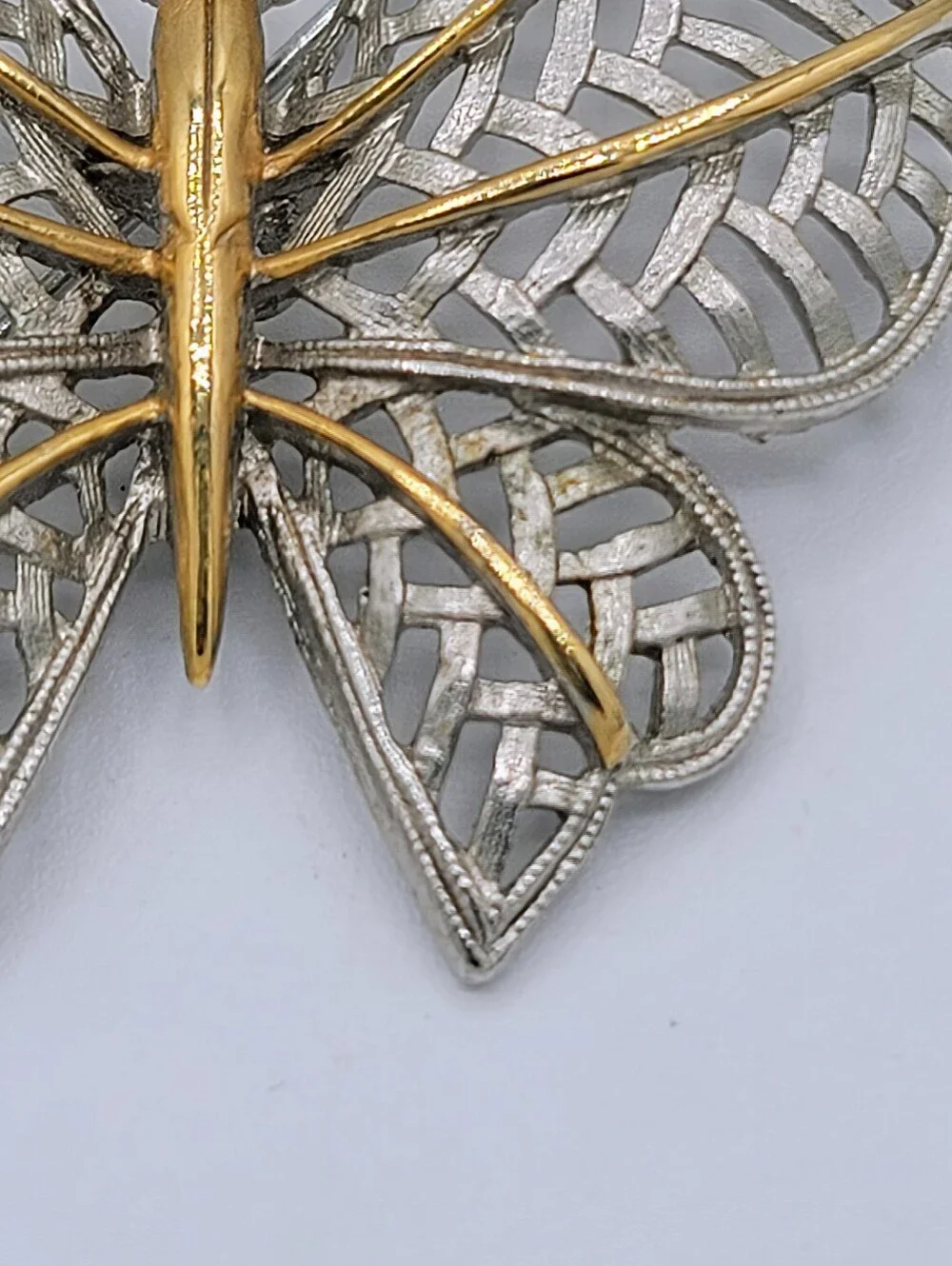 Avon Butterfly Brooch Two Tone Gold Silver Openwork Blue Rhinestone Eyes Vintage